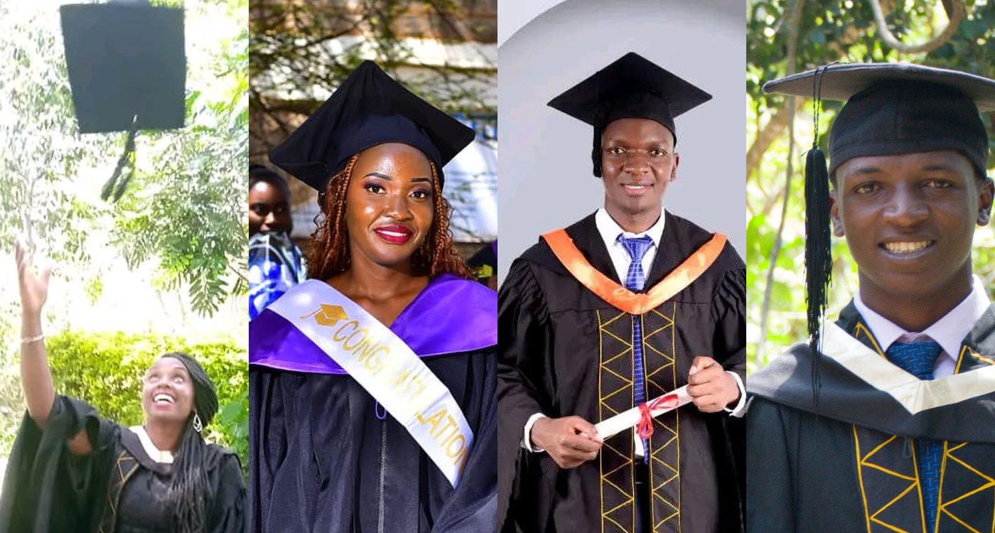 Four graduates of Sons of Manasseh Children's Home in their caps and gowns